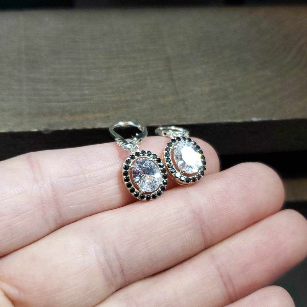 Sterling Silver Clear And Black Halo Style Cubic Zirconia Earrings - Picture 2 of 6